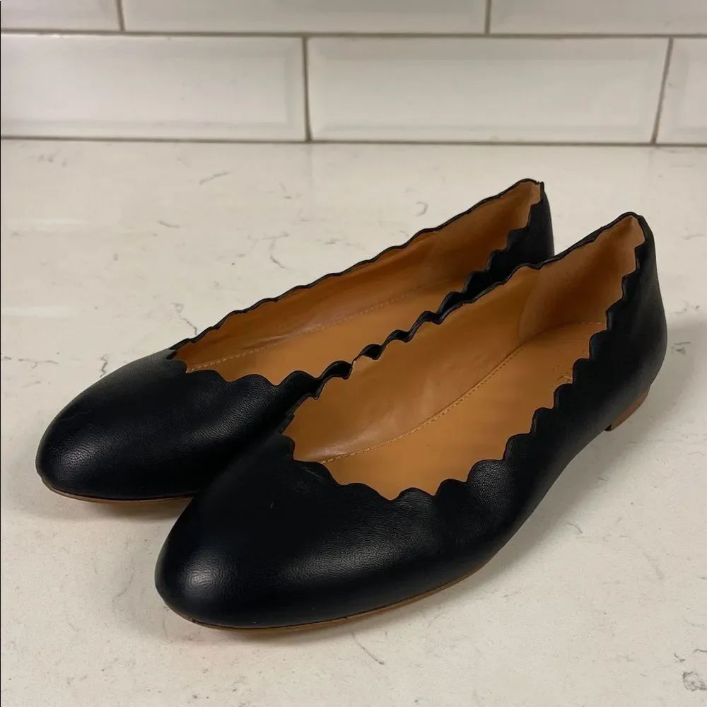 J. CREW Factory Black Leather Size 7 1/2 Scalloped Ballet Flats